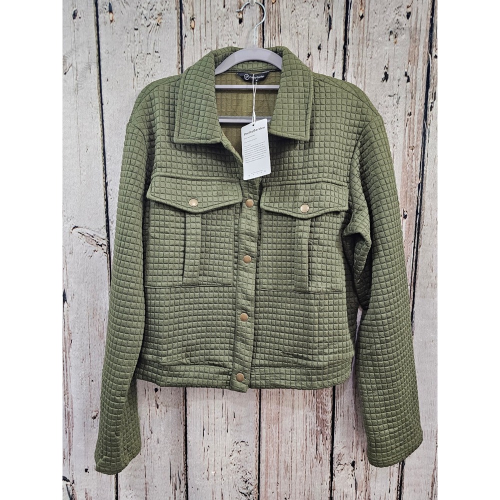 PrettyGarden Quilted Shacket Jacket Olive Green Button Front Collared Size M NEW